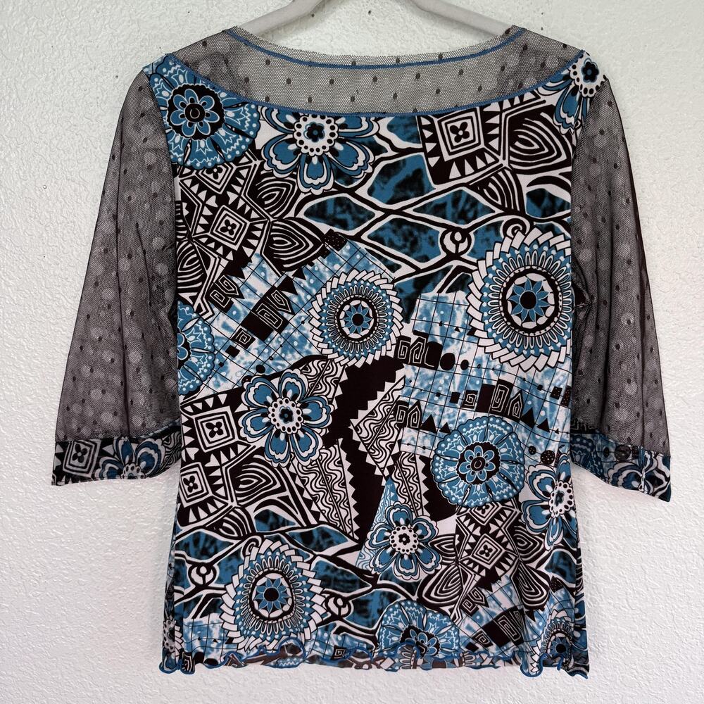 ANAC by Kimi Y2K Top Womens XL Sheer Mesh Geometric Floral Blouse Boho Art 2000s - Picture 2 of 10